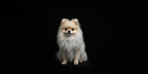 Small dog breed, Pomeranian spitz, isolated against a black backdrop, highlighting pet care