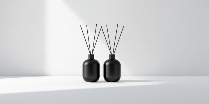 Black reed diffuser bottles on a white surface used for home fragrance diffusion