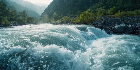 River valley scene with cascading clear water over stones and abstract textures, highlighting natural erosion, Earth Day