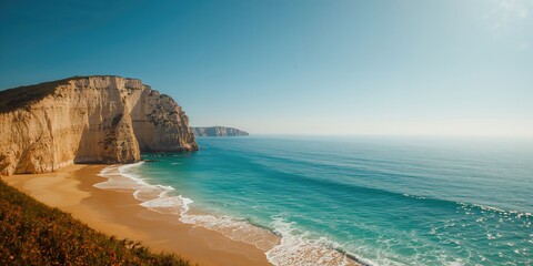 Praia Dona Ana beach with turquoise sea water and cliffs, natural shoreline erosion risk, World Oceans Day