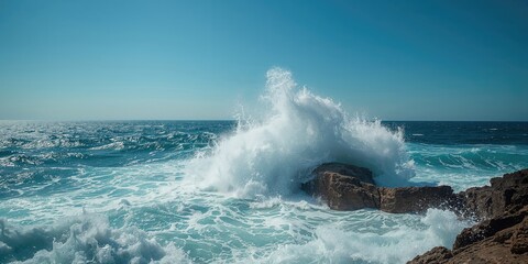 Fototapeta premium Turbulent ocean surf hitting rocky shoreline, illustrating erosion processes in storm conditions