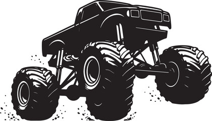 Dynamic black silhouette of a monster truck with massive tires kicking up dirt in a powerful jump vehicle also transparent background © PixelSaga MH2 