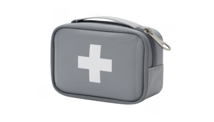 Gray first aid kit with white cross medical bag emergency kit isolated on a transparent background