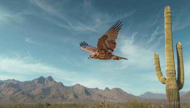Aerial view of a hawk descending toward a saguro cactus in the arid Arizona landscape, focusing on bird behavior