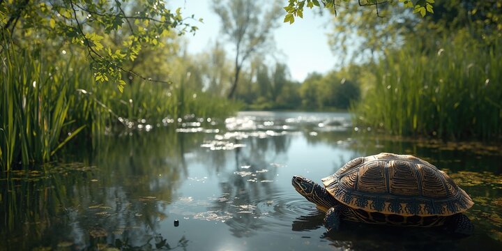 European swamp turtle moving towards river water in Dnipro, emphasizing species conservation efforts in Ukraine
