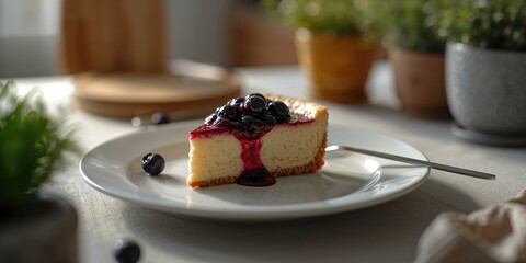 Cheesecake with a thick blueberry topping, emphasizing diet and nutrition considerations, World Food Day