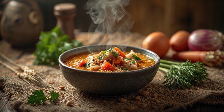 Traditional Levantine and North African Shurbat farik served in rustic settings, emphasizing cultural cuisine