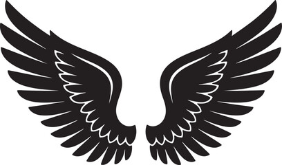Obraz premium Stylized black angel wings spread wide against a stark white background showcasing detailed feather textures and curves symbolic representation also transparent background