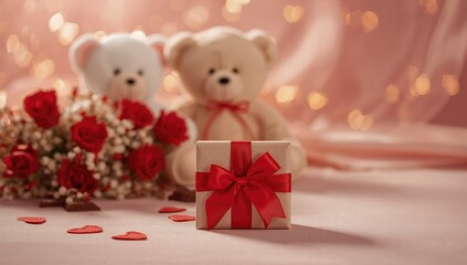 Gift-wrapped teddy bear surrounded by festive decorations for a holiday celebration, ideal for greeting cards