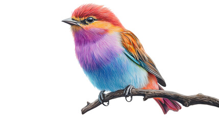 A small, brightly colored bird perches on a separate branch against a transparent background.