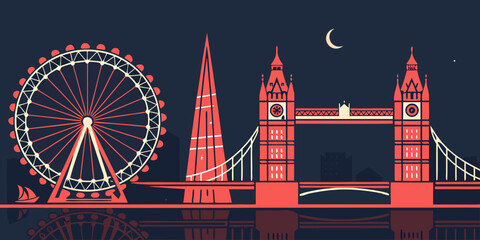 London night skyline reflection flat design