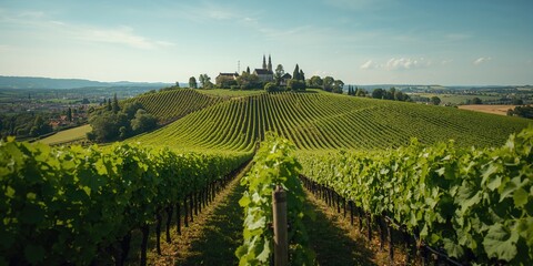 Fototapeta premium Terraced vineyard on rolling hills near an industrial area, highlighting regional land use and conservation