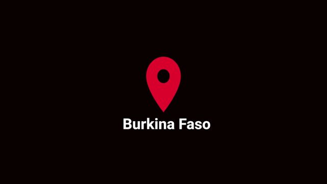 Abstract Burkina Faso map location pin animation. Country location pin pointer icon animated on black background, GPS location tracking animation. 4K video