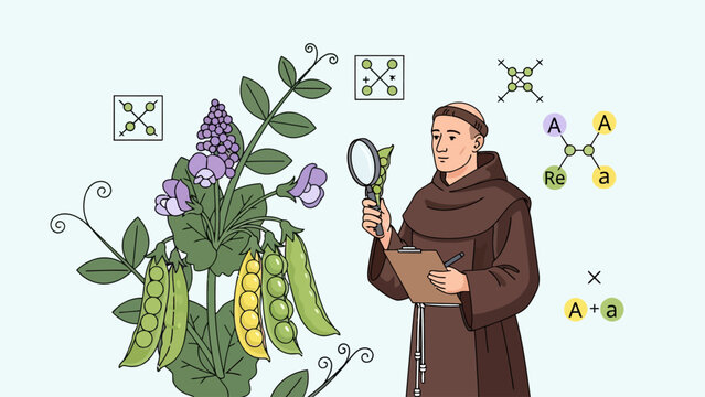 Gregor Mendel examines pea plants and genetics diagrams