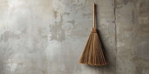 Traditional Indonesian broom hanging on an unfinished concrete wall used for storage or display
