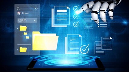 Futuristic Robot Hand Interacting with Digital Documents and Data Folders in a High-Tech Environment with Blue Background Gluon.
