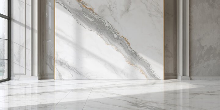 Natural white marble with grey streaks forming an elegant interior wall backdrop, ideal for artistic ceramic surface applications