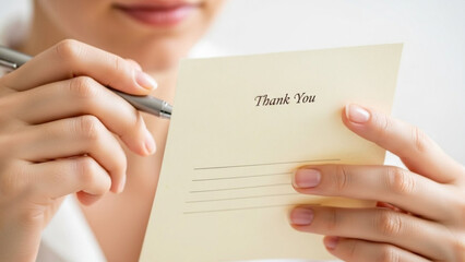 Woman writing a thank you note with a pen in soft light  