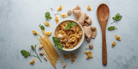 Uncooked Italian pasta served in a bowl alongside a wooden spoon on a textured gray surface, suitable for culinary layout or instructional background