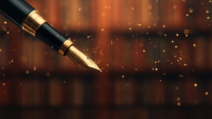 Brand storytelling content. holographic fountain pen writing golden light words into the air. blurred library background with books.