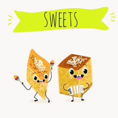 Fototapeta premium Funny Characters Ekmek kadaif. Turkish, Eastern sweets. Hand drawn vector illustration.