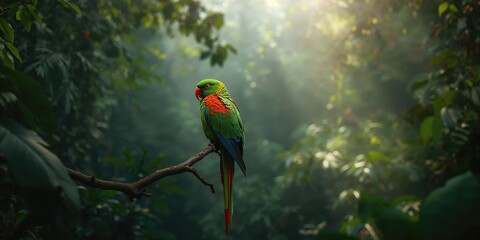 Female Eclectus Parrot with vivid feathers resting on tree limb, showcasing avian diversity for nature lovers