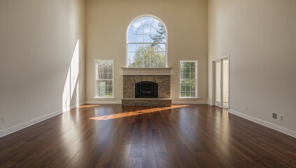 Bright living area featuring a high ceiling, expansive arch window, and hardwood flooring, suitable for interior layout planning