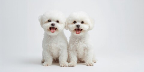 Fototapeta premium Pair of Bichon Frise dogs captured in a studio environment against a white backdrop for breed-focused photography