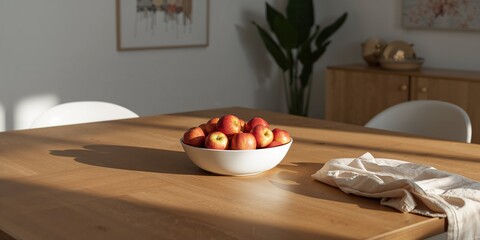 Surface of a wooden dining table with a bowl of healthy apples and a piece of fabric, serving as a food preparation or presentation area