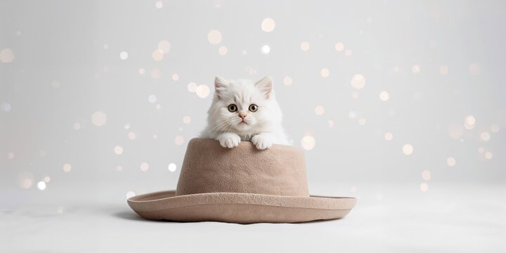 Feline with white fur donning a hat on plain white backdrop, suitable for pet portrait layouts