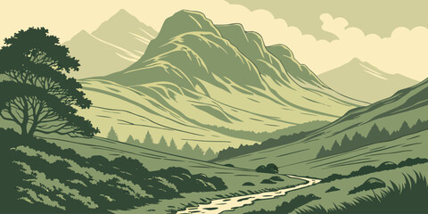 Scottish Highlands Layered Mountain Retro Design &ndash; Vintage Landscape Vector, Minimal Stacked Silhouette Illustration