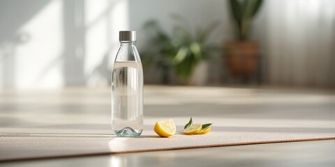 Obraz premium Reusable glass water bottle placed on yoga mat, sustainable hydration for fitness routines