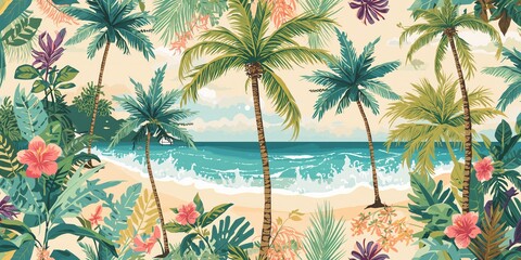 Obraz premium Illustrated tropical landscape with palm trees, beach, and ocean, optimized for textile or wallpaper backgrounds
