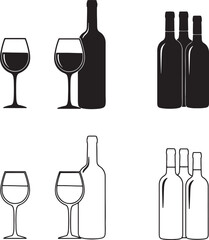 Stylized black and white outlines and silhouettes of wine bottles and glasses, showcasing different arrangements and styles for beverage presentation also transparent background