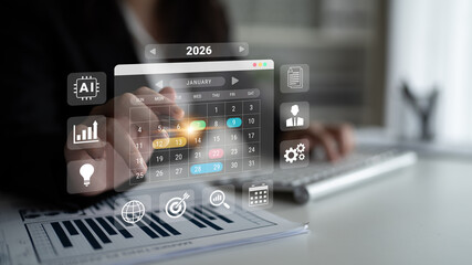 Obraz premium 2026 calendar interface surrounded by AI, data, and business icons representing scheduling, planning, and productivity management Parse