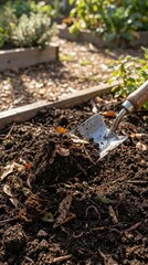 Shovel Lifting Soil with Worms in a Vegetable Garden Bed