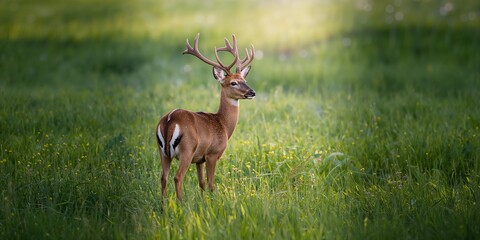 Naklejka premium Roe deer buck in vibrant summer landscape, highlighting outdoor conservation, World Wildlife Day