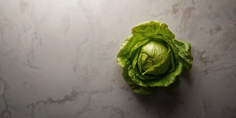 Green butter lettuce leaves spread on a marble countertop, emphasizing fresh produce