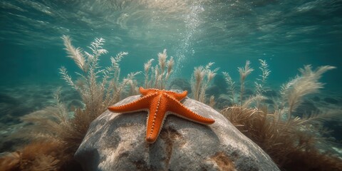 Marine environment featuring a vibrant sea star and diverse ocean creatures, used for oceanic background design