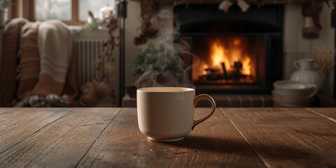 Obraz premium Tea mug placed near a hearth in a rural home during winter, highlighting seasonal warmth during winter holidays