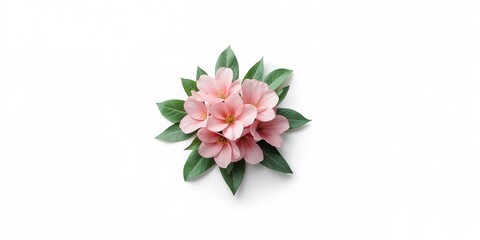 Obraz premium Pink blossoms and green foliage arranged on a white backdrop, suitable for decorative layouts