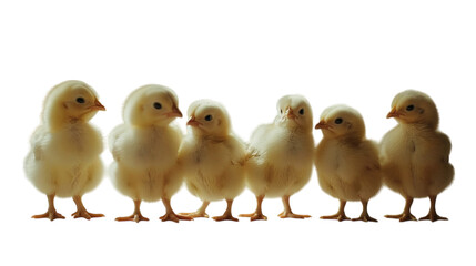 Six little chicks standing together in a group on a white background isolated