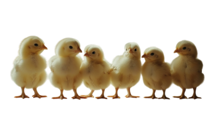 Six little chicks standing together in a group on a white background isolated