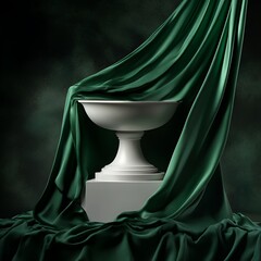 An elegant green silk velvet theater backdrop features a decorative stage curtain pattern with a dark textile texture and a candle light presentation