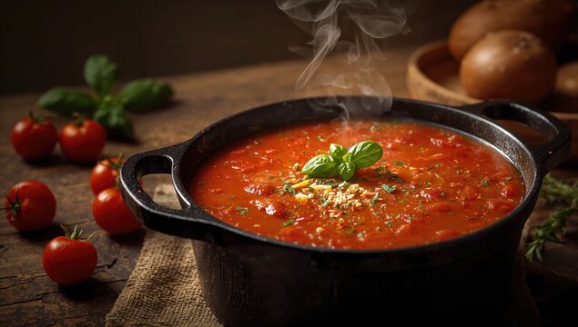 Roasted tomato soup prepared in cast iron cookware, highlighting heat distribution and cookware longevity, for culinary efficiency