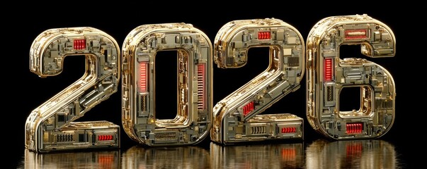 Golden 2026 numbers with metallic circuitry design for a futuristic New Year celebration