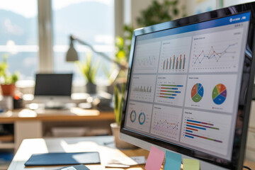 High angle view of a sleek desktop computer showing various infographic data visualizations and colorful sticky notes on a bright desk in a modern home office environment