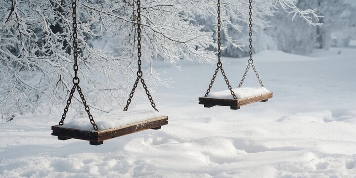 Snow-covered swings set against a winter landscape, seasonal erosion risks during winter months, Earth Day