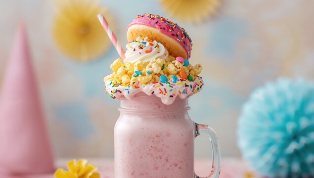 Raspberry freak shake garnished with donut, popcorn and sweets, dessert display emphasizing variety, no holiday