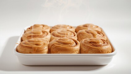 Fresh cinnamon buns with vanilla fudge glaze arranged on a white tray, suitable for food presentation backgrounds